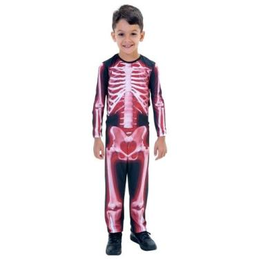 Imagem de Fantasia Halloween Esqueleto Vermelho Infantil Roupa de Caveira Esquel