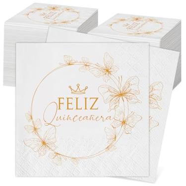 Imagem de Kosiz 100 peças Mis 15 Quince Girls Guardanapos de coquetel de festa de aniversário de 15 anos desdobrados 23 x 23 cm, 3 camadas, artigos de mesa de papel de decoração descartável para convidados de