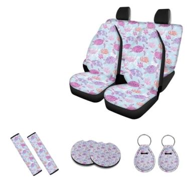 Imagem de PCSJRKG Conjunto de 12 capas de assento de carro com estampa de tartaruga marinha, conjunto universal de acessórios de carro, capas de assento dianteiro, traseiro, capa para volante, almofadas de