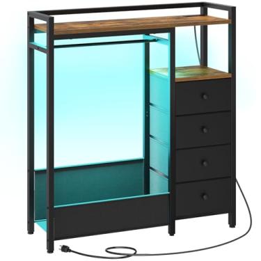 Imagem de YATINEY Cômoda de quarto com suporte para roupas, cômoda de 4 gavetas com estação de carregamento e luz LED, cômoda para quarto, organizador de armário com suporte para pendurar e sapateira de 2
