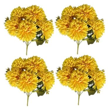 Imagem de Flores de crisântemo artificiais, 4 peças, flores de calêndula de 12 polegadas e 6 cabeças, mães artificiais amarelas realistas para casa, jardim, festa, casamento, outono, colheita, calêndula