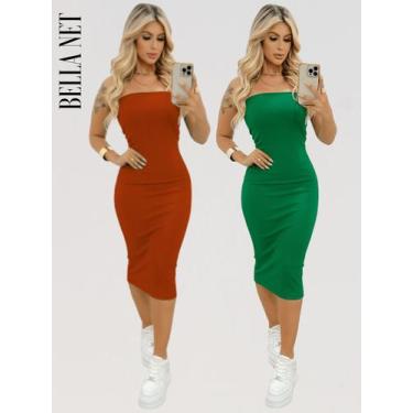 Imagem de KIT 2 Vestidos Midi Colado Sem Alça Anarruga Sem Bojo Lindas Cores - B