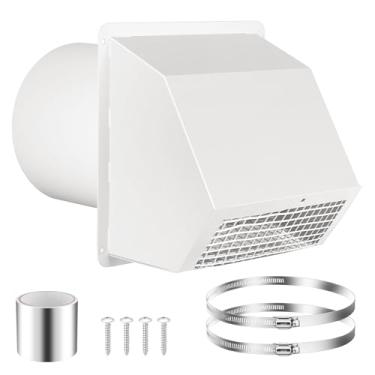 Imagem de Ventilação de parede com capuz de 15 cm com tela e amortecedor, tampa de ventilação de exaustão de parede de aço galvanizado com grampos de duto e fita de alumínio para exaustor e secador de cozinha