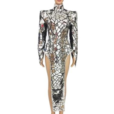 Imagem de Earthradius Vestido feminino com fenda espelhada a laser, sexy, dançarina, apresentação, drag queen, discoteca, festa, espetáculo, roupa de palco (prata)