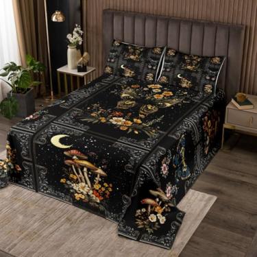 Imagem de Castle Fairy Colcha de mariposa gótica, tamanho king, conjunto de colcha floral colorida de cogumelo borboleta com 2 fronhas, conjunto de colcha de microfibra xadrez de renda preta barroca vintage