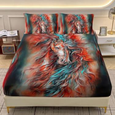 Imagem de AILONEN Jogo de lençol solteiro com elástico, estampa de cavalo em aquarela para crianças, meninos, meninas, adolescentes, lençol com elástico para todas as estações, 1 lençol com elástico e 2 fronhas