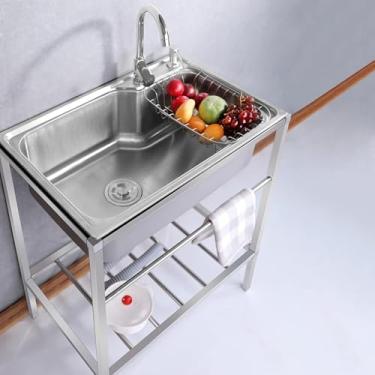 Imagem de Pia De Utilidade De Tigela Única Thicken, Pia De Aço Inoxidável 304 De Pé Livre Com Torneira Fria E Quente & Drenagem, Para Fazenda, Banheiro, Bar, Lavanderia
