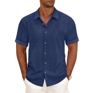 Imagem de Camisa de linho CURBODO para homens de manga curta com botões azul mar