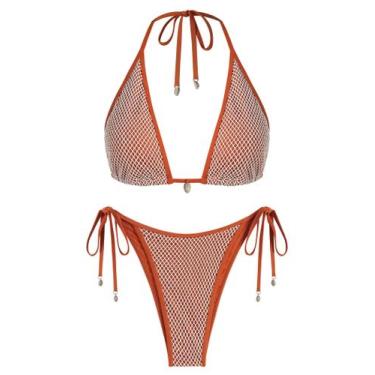 Imagem de Conjunto de biquíni feminino ZAFUL Triangle Fishnet Multiway Coffee S