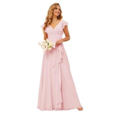 Imagem de Vestido de dama de honra TIRAS Ruffles Chiffon com decote em V rosa ta