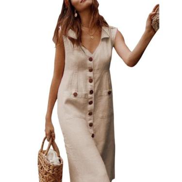 Imagem de Vestido Gchanao, de verão, casual, folgado, decote em V, botão, cáqui,