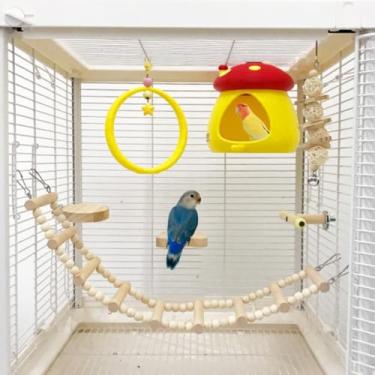 Imagem de 7 peças de brinquedos pequenos para gaiola de papagaios, conjunto de ninhos, brinquedos para mastigar pássaros, balançar, escalar escadas, poleiros para periquitos, papagaios, calopsitas – brinquedo