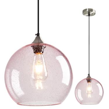 Imagem de LBSQJ Luzes pendentes de vidro rosa globo ilha de cozinha luminária pendente moderna para quarto sala de jantar luminária (25 cm, 1 pacote)