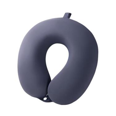 Imagem de AsrMyjcx Travesseiro de viagem em formato de U, tecido de seda gelada, fronha com zíper, leve e multifuncional, 30x29x10 cm, portátil, Azul Escuro