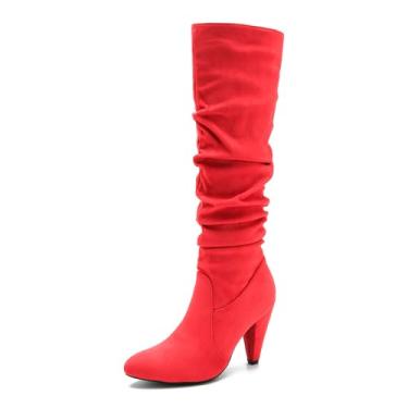 Imagem de Botas femininas na altura do joelho, bico fino, sexy, salto cônico, botas soltas, com zíper lateral, de couro plissado, botas altas, Camurça vermelha, 37