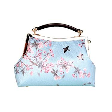 Imagem de Bolsa feminina chinesa clássica bordada vintage com borla e pingente, Camélia azul claro, Medium