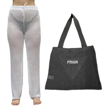 Imagem de Kit Calça Pantalona Tricot Feminina com Bolsa Sacola de Praia Crochê -