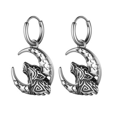 Imagem de Brincos viking nórdicos para homens - Aço inoxidável vintage lobo celta lua crescente viking valknut runas Thor Hammer Mjolnir caveira enorme brincos pendentes, Aço inoxidável, Sem pedra preciosa