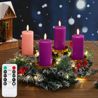 Imagem de Meanplan Conjunto de velas LED do advento de Natal, 4 peças de velas LED sem chama, guirlanda de advento de pilar de anel duplo, suporte de vela de igreja de mesa para decoração religiosa de férias