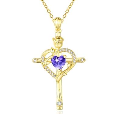 Imagem de CupidGift Colar de cruz para mulheres, banhado a ouro 14 K, banhado a ouro 18K, delicado coração, pedra do mês de nascimento, rosa, joias diárias, batismo, fé, aniversário, Natal, presentes de