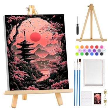 Imagem de MOGTAA Kit de pintura de flor de cerejeira por números para adultos iniciantes com moldura, kits de pintura por números de paisagem de montanha em tela com cavalete, kits de pintura a óleo DIY fáceis