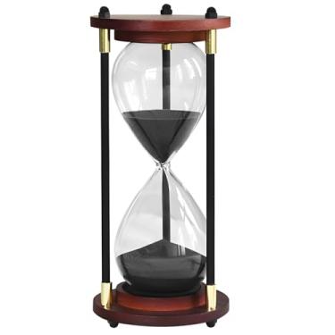 Imagem de Temporizador de areia de 30 minutos, temporizador de areia de ampulheta para decoração de mesa de escritório, temporizador de vidro de areia preta vintage com base de madeira elegante, enfeite de