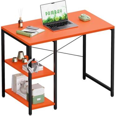 Imagem de Pamray Mesa de computador pequena de 81 cm com prateleiras, mesa de escritório em casa com gancho de fone de ouvido para quarto, mesa de computador de escrita de estudo para espaços pequenos, laranja