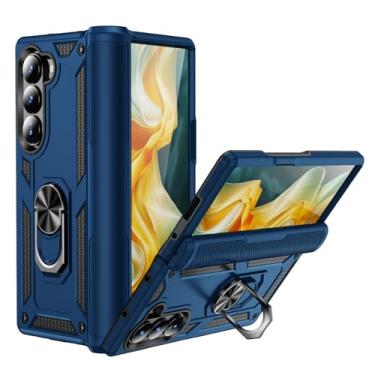 Imagem de SORAKA Capa para Samsung Galaxy Z Fold6 com suporte de anel capa armadura Samsung Galaxy Z Fold6 capa traseira de policarbonato rígido com placa de metal para celular magnético suporte de carro azul