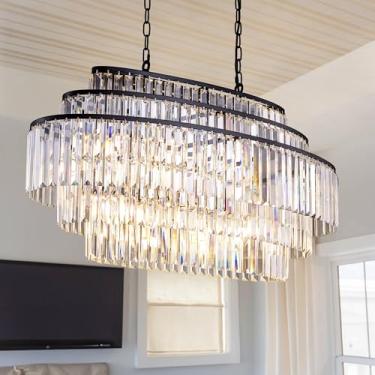 Imagem de Wellmet Lustre de cristal preto, lustres modernos para sala de jantar 91 cm, lustre retangular linear Farmhouse K9 para sala de estar, ilha de cozinha, luz de mesa de sinuca, hall de entrada