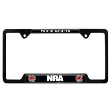Imagem de Elektroplate Oficialmente licenciado National Rifle Association NRA Proud Member 3D Doming Black Metal Open Corner Suporte de etiqueta de placa de licença para carros/SUVs/caminhões à prova de