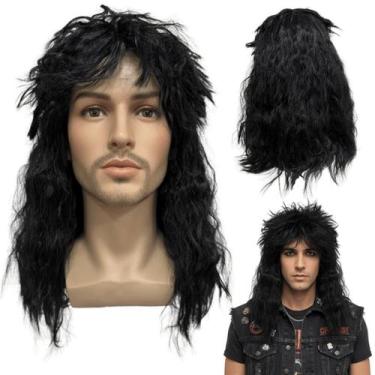 Imagem de Peruca rock heavy metal anos 60 70 ondulada preto volumosa - LIONSWIG