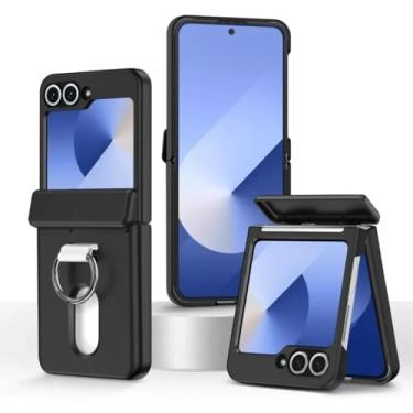 Imagem de Capa para Samsung Galaxy Z Flip6 com suporte para cartão e anel de proteção com dobradiça, capa protetora rígida à prova de choque (para Samsung Galaxy Z Flip6/preto)