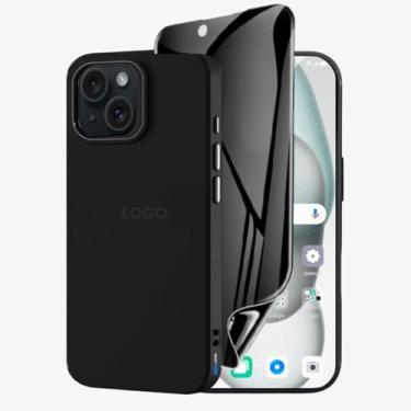 Imagem de Kit Capa Capinha Case Proteção Premium Preta Anti Impactos + Película de Cerâmica Fosca Privacidade Não Quebra, Anti Riscos (iPhone 15 Plus)