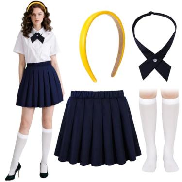 Imagem de Mepase 4 Pcs Halloween School Girls Costume Set Yellow Headband Cross Bow Ties Pleated Skirt and Calf Socks for Adult Women Halloween Cosplay Outfit Dress up Party Favor