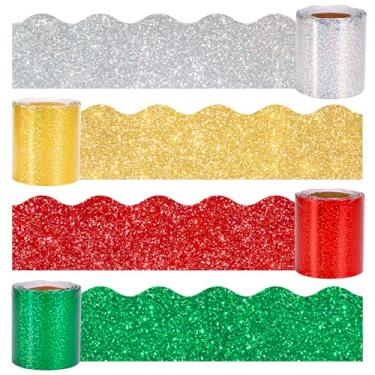 Imagem de Whaline Rolo de borda de quadro de avisos colorido de Natal de 131,2 m a laser vermelho verde ouro prata recortada para decoração de parede de festa de Natal, sala de aula, 4 rolos