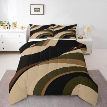 Imagem de Conjunto de edredom abstrato tamanho casal, arte vintage, listrado, para decoração de quarto de crianças, adolescentes, adultos, retrô, verde, marrom, preto, 3 peças, patchwork e linhas geométricas, 2