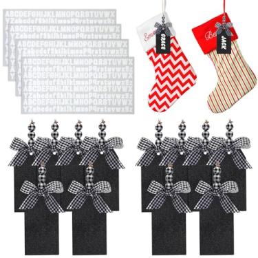Imagem de 16 peças de etiquetas de madeira para meias de Natal com 4 folhas adesivos de letras adesivas etiquetas de nome de meia de Natal com linha xadrez de búfalo e miçangas etiquetas de quadro-negro (preto e branco)