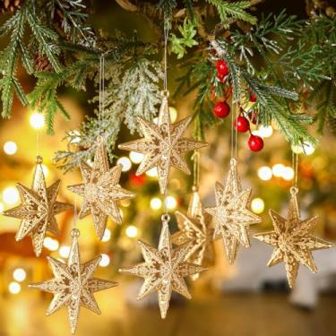 Imagem de Civaner 24 peças de enfeites de Natal de champanhe, decoração de estrela de Belém, para árvore de Natal, 8 pontas, champanhe, glitter, estrelas, 3D, pingente suspenso para decoração de festa de Natal