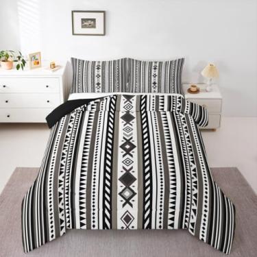 Imagem de Feelyou Conjunto de edredom boêmio para todas as estações, design nativo americano do sudoeste, com 2 fronhas, arte moderna, roupas de cama queen, estampa geométrica, estampa listrada, edredom macio