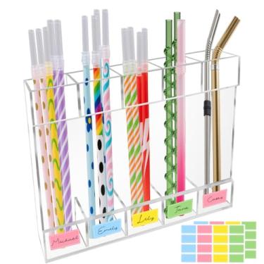 Imagem de Organizador de canudo de acrílico reutilizável de metal e copo para armazenamento de bancada e armário com fita adesiva dupla face, mantém os canudos longos e curtos limpos e acessíveis