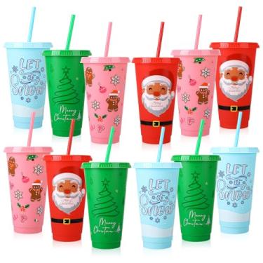 Imagem de Ovveroche 12 copos de festa, copos de plástico reutilizáveis de 680 g com tampas e canudos para decorações lembrancinhas de festa (Natal)