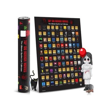 Imagem de Pôster de raspar 100 filmes de terror, decoração de terror de Halloween, colecionáveis de terror de recordações de filmes, lista de desejos com tubo pronto para presente