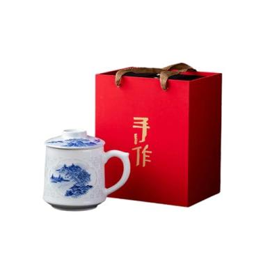 Imagem de Xícaras de chá de porcelana branca requintadas pintadas à mão em azul e branco xícaras de chá de hospitalidade em casa - Paisagem azul e branca