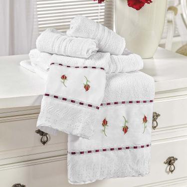 Imagem de Jogo De Banho Toalhas Yasmin 5 Peças 100% Algodão 320g-m² Suave Floral - Branco