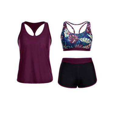 Imagem de Maiô Tankini Yonique, 3 peças, atlético para mulheres, roxo L