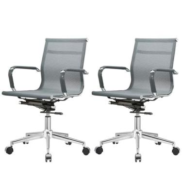 Imagem de Kit 2 Cadeiras Giratória Office Sydney Diretor Fratini Tela Cinza Base Aço Cromado