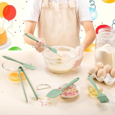 Imagem de Conjunto de 5 peças de mini ferramentas de cozimento, utensílios de cozinha de silicone verde macio (espátula, colher, pinça, escova), livre de BPA, lavável na lava-louças