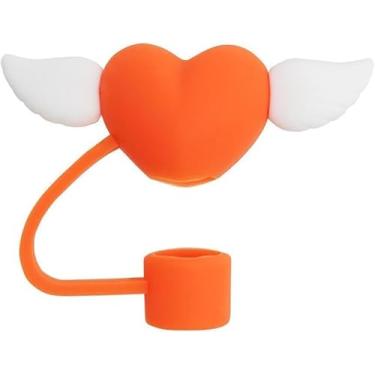 Imagem de White Wings Capa de palha de corações laranja para copo Stanley, tampa de palha de silicone de 10 mm para acessórios de copo Stanley, topo de palha bonito para copos, tampas de ponta de canudos
