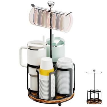 Imagem de Organizador de garrafa de água para copos de 20/30/1,134 g: organizador de copos giratório de metal rústico com suporte de tampa e base de madeira vintage | Rack de armazenamento rotativo para armário