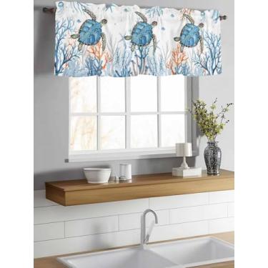 Imagem de Cortinas para janelas vida marinha tartaruga janela sanefa bolso estrela do mar azul coral cortina decoração de janela para cozinha, sala de estar, quarto, 137 x 45,7 cm